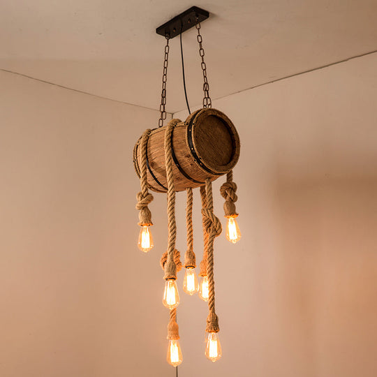 Wooden Beige Chandelier With Rope Cord For Restaurant Décor