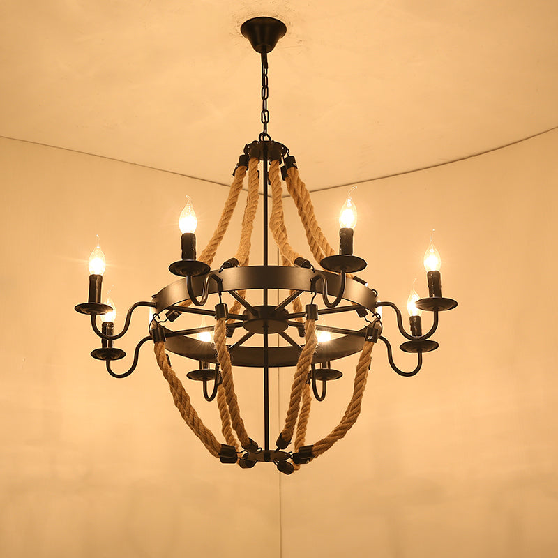 Factory Dining Room Chandelier: Wagon Wheel Metal Pendant Light Kit With Jute Rope In Black / G