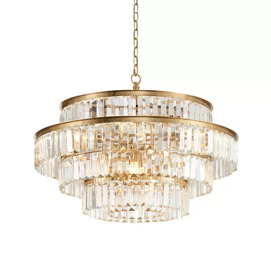 Prismatic Crystal Tiered Chandelier - 15-Bulb Modern Style Pendant Light In Gold