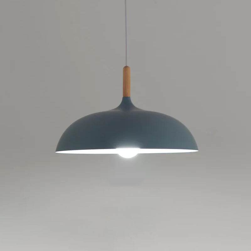 Modern Metal Macaron Dome Hanging Lamp - Dining Room Pendant Light With Wood Accent Blue / Small