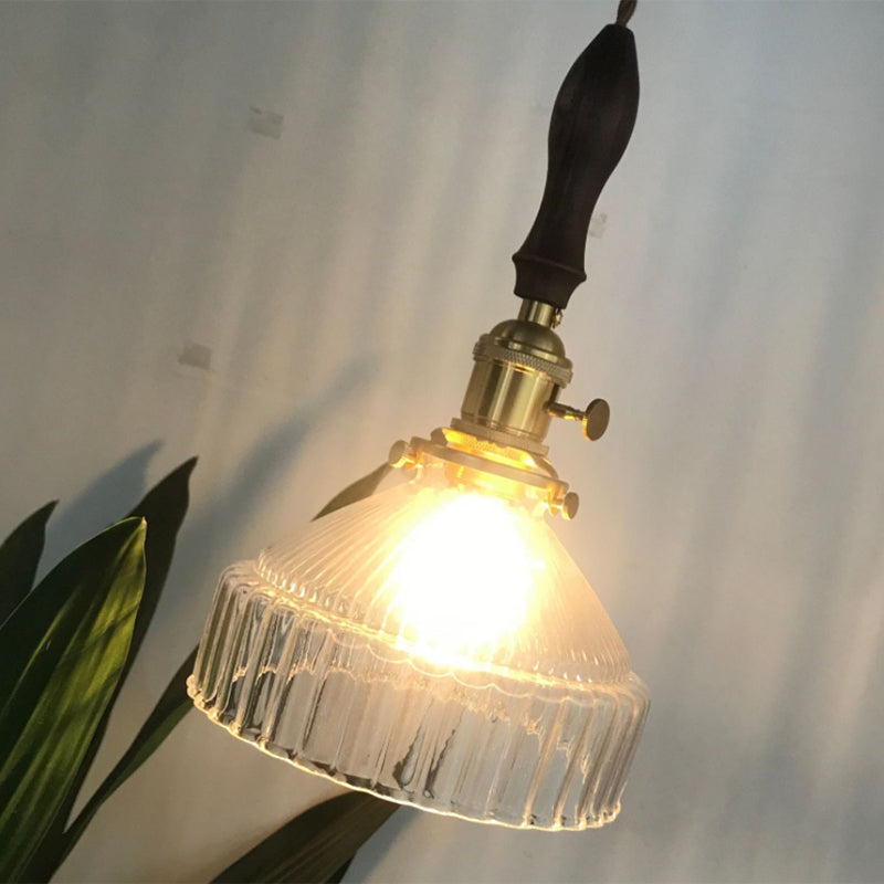 Rachele - Rustic Barn Shade Pendant Lamp 1-Light Clear Ribbed Glass Ceiling Suspension Light