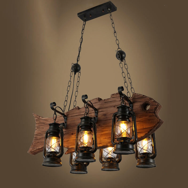 Coastal Black Kerosene Chandelier With Clear Glass And Wood Fish - 6 Heads For Restaurant Pendant