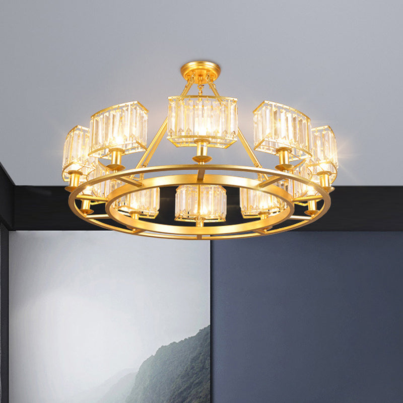 Modern Gold Circle Chandelier Pendant Light With Clear Crystal Prisms - 6/8/10 Bulb Dining Room