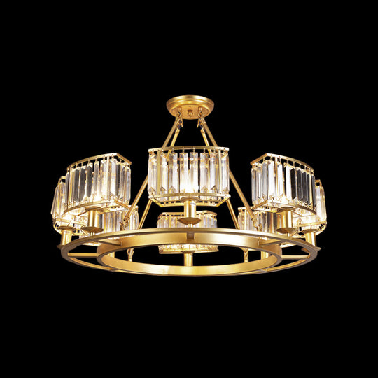 Modern Gold Circle Chandelier Pendant Light With Clear Crystal Prisms - 6/8/10 Bulb Dining Room