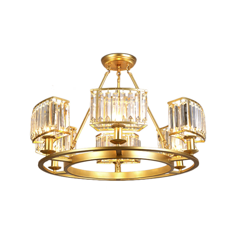 Modern Gold Circle Chandelier Pendant Light With Clear Crystal Prisms - 6/8/10 Bulb Dining Room
