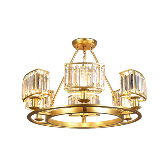 Modern Gold Circle Chandelier Pendant Light With Clear Crystal Prisms - 6/8/10 Bulb Dining Room