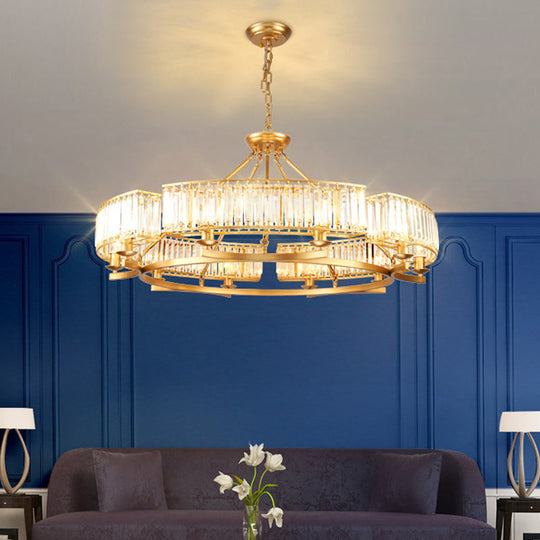 Modern Gold Circle Chandelier Pendant Light With Clear Crystal Prisms - 6/8/10 Bulb Dining Room