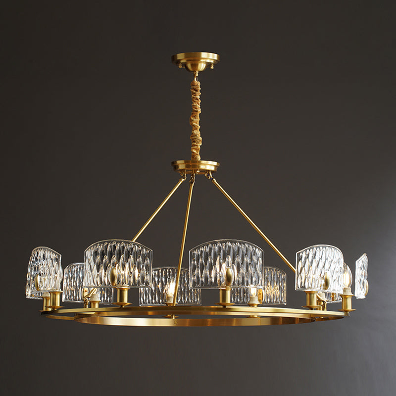 Mid-Century Textured Glass Circle Pendant Light With 6/8/10 Lights In Gold For Living Room