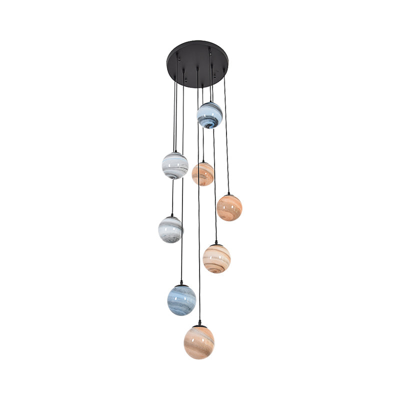 Modern Textured Glass Multi-Light Pendant For Stairs - Black Suspension Lighting Fixture