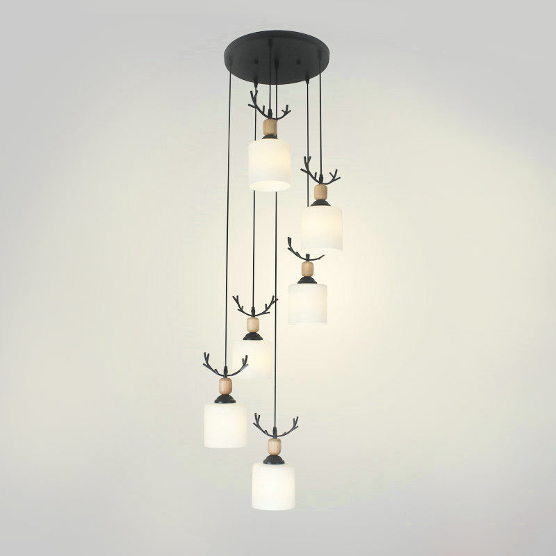 Opal Glass Stairs Pendulum Light: Modernist Cylinder Cluster Pendant In Black