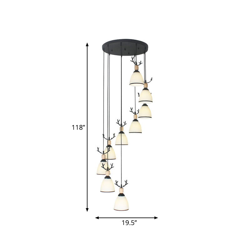 Contemporary Dome Stairs Swirl Pendant Light In Black With Opal Glass Accent Stylish Hanging