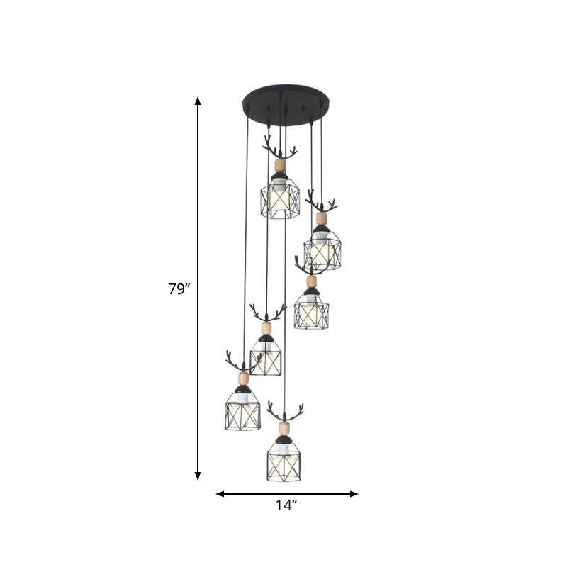 Modernist Black Hexagon Cage Pendant Lamp With Spiral Metal Design