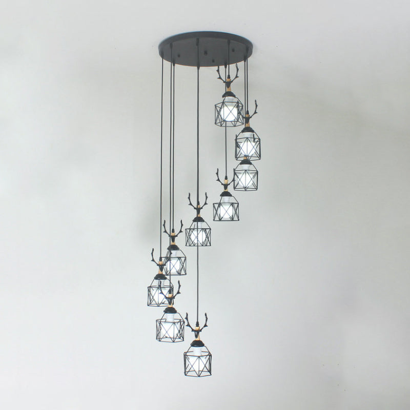 Modernist Black Hexagon Cage Pendant Lamp With Spiral Metal Design