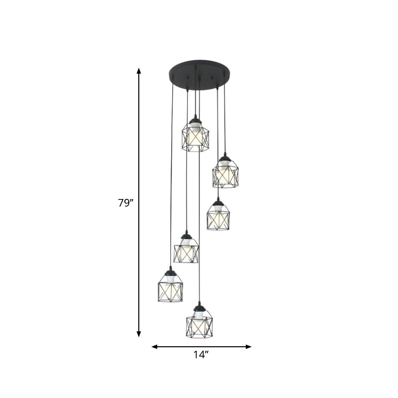 Modernist Black Hexagon Cage Pendant Lamp With Spiral Metal Design