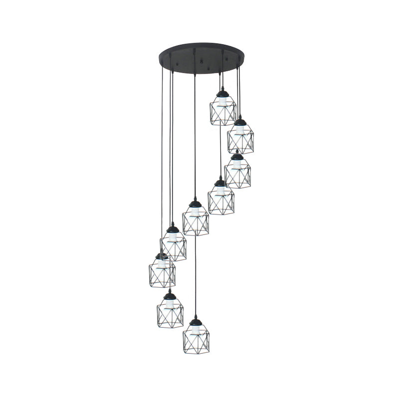 Modernist Black Hexagon Cage Pendant Lamp With Spiral Metal Design 9 / A