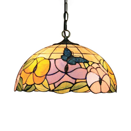 Baroque Butterfly Suspension Lamp - 1-Head Yellow/Purple Stained Glass Ceiling Light 12’/16’ Wide