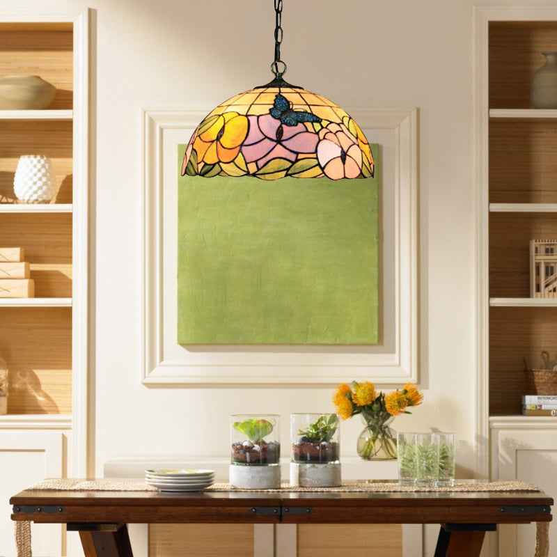 Baroque Butterfly Suspension Lamp - 1-Head Yellow/Purple Stained Glass Ceiling Light 12’/16’