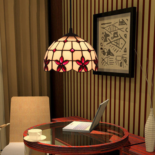 Tiffany Lattice Bowl White Glass Jeweled Flower Pendant Light Kit For Dining Room Red / 8’