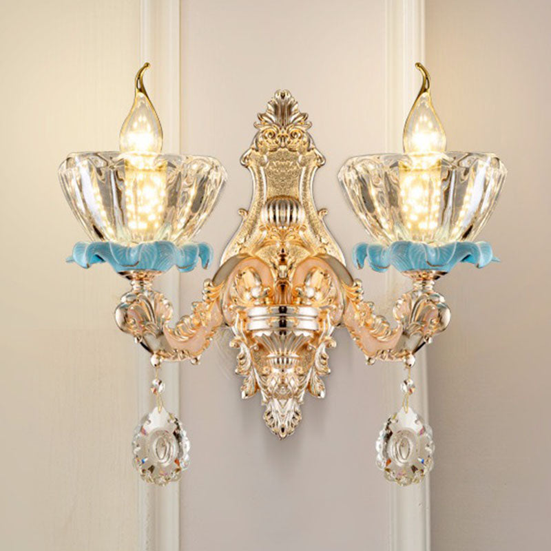 Modern Gold Crystal Droplet Glass Flower Wall Mount Sconce 2 / I