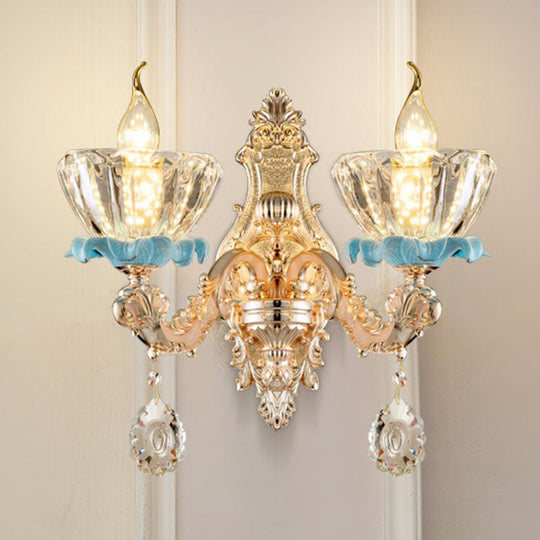 Modern Gold Crystal Droplet Glass Flower Wall Mount Sconce 2 / I