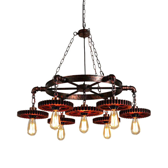 Dark Rust Metal Chandelier Light With Antique Style - 3/7 Heads Gear Pendant Lighting Fixture For