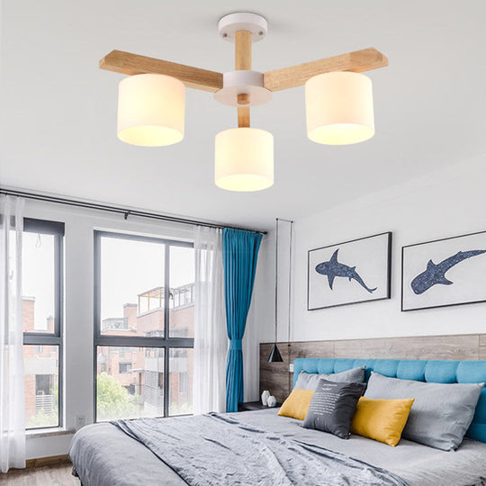 Contemporary Opal Glass Barrel Shade Led Wood Chandelier For Living Room 3 /