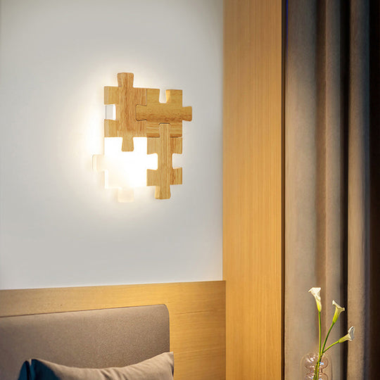 Simplicity Wood Wall Sconce With Jigsaw Puzzle Design - Modern Led Lighting Fixture For Bedroom