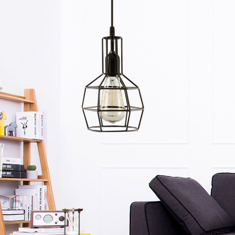 Retro Black Metal Prism Cage Pendant Ceiling Light Stylish Hanging Fixture For Living Room