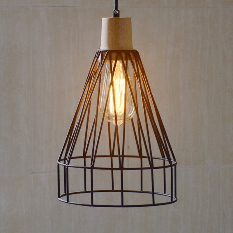 Modern Geometric Wire Cage Pendant Light With Wooden Top 1-Light Black