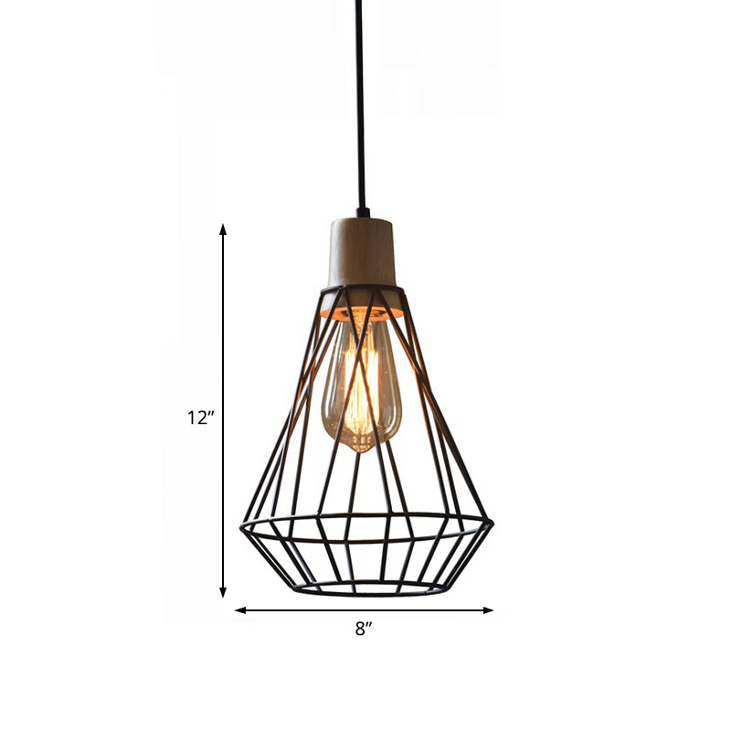 Modern Geometric Wire Cage Pendant Light With Wooden Top 1-Light Black