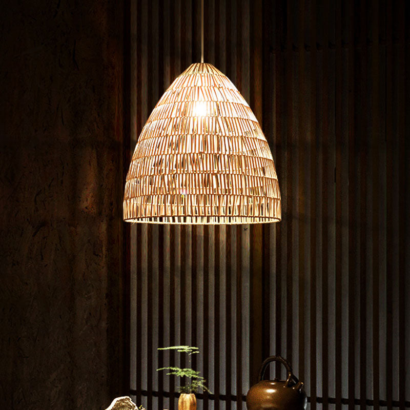 Rattan Hanging Ceiling Light - Asian-Inspired Single Wood Pendant Fixture