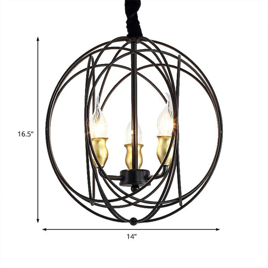 Industrial Metal Candle Light Fixture Black Pendant Lighting With Orb Cage - 14’/19’ Wide