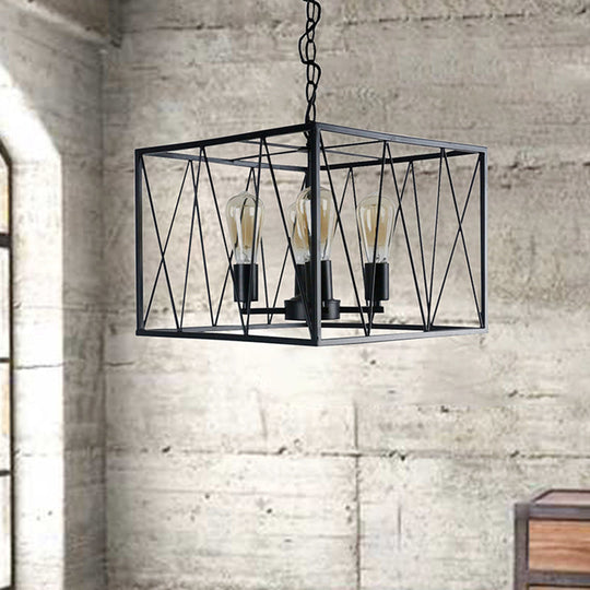Vintage Iron Pendant Light Fixture With 4 Black Cuboid Wire Frame Heads For Dining Room