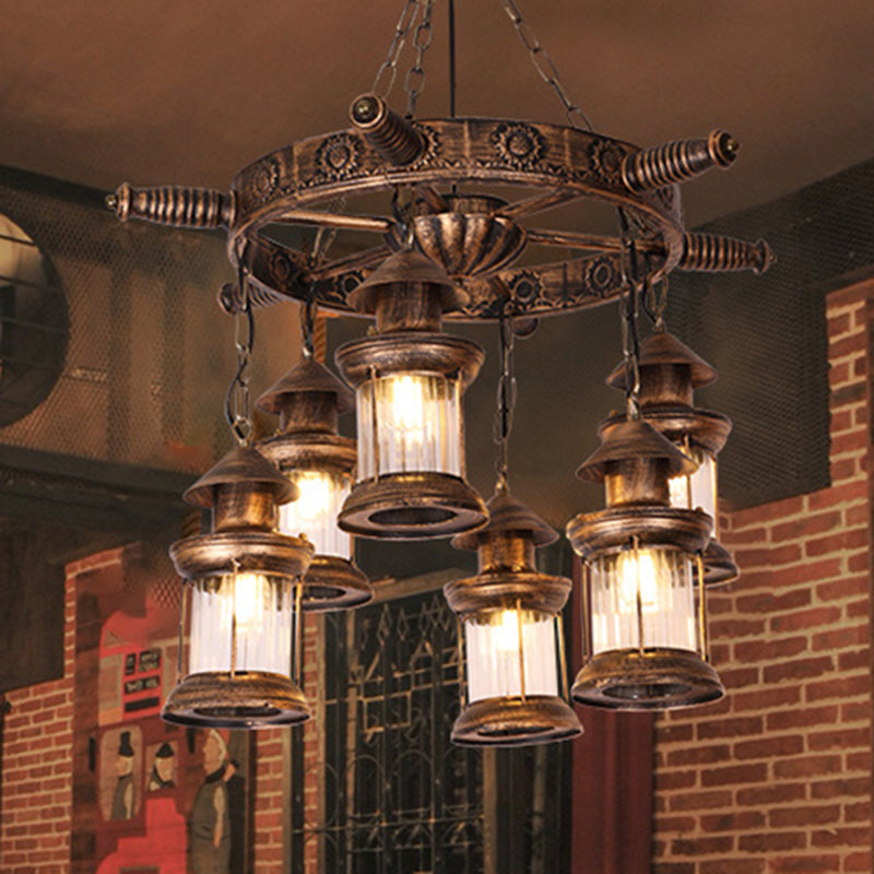 Vintage 6-Light Clear Glass Chandelier - Industrial Antique Brass Wagon Wheel Pendant Light For