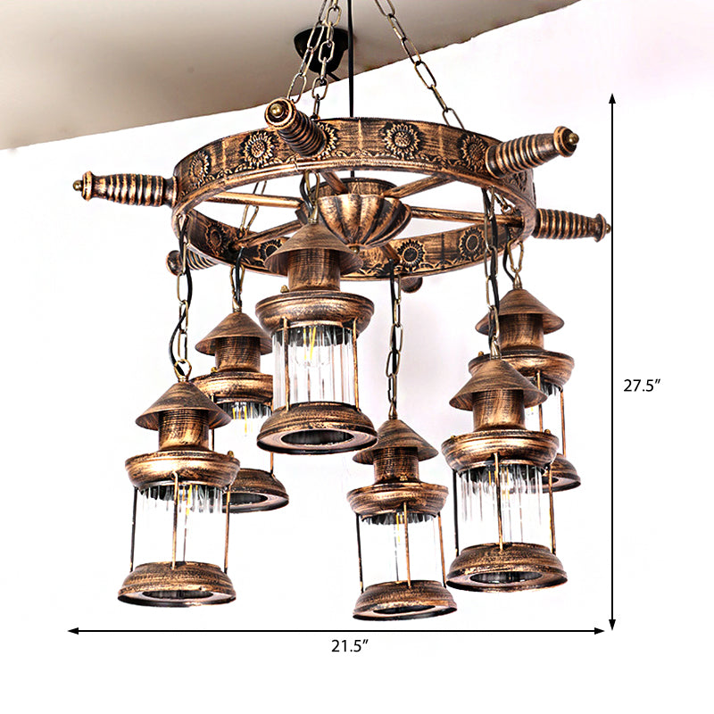 Vintage 6-Light Clear Glass Chandelier - Industrial Antique Brass Wagon Wheel Pendant Light For