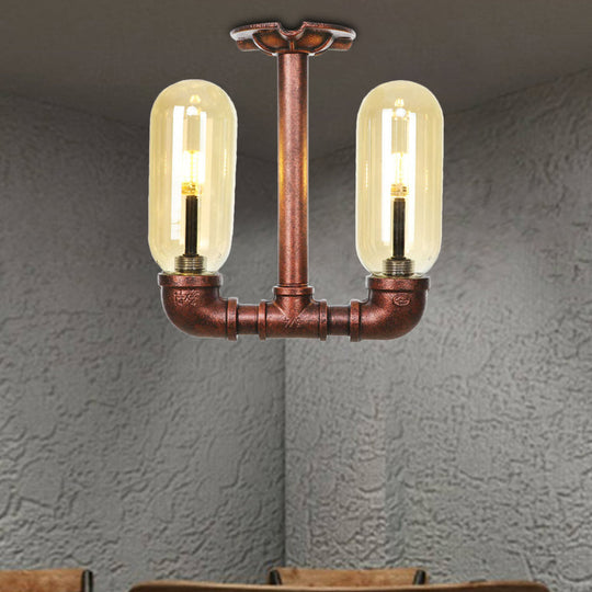 Amber Glass Semi Flush Industrial Dining Room Light Fixture In Weathered Copper - Capsule Shade 2 -