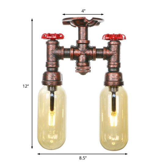 Amber Glass Semi Flush Industrial Dining Room Light Fixture In Weathered Copper - Capsule Shade 2 -