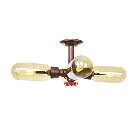 Evelyn’s Antique Copper 4/6 Lights Ceiling Mount Rustic Style Amber Glass Sputnik Semi Flush