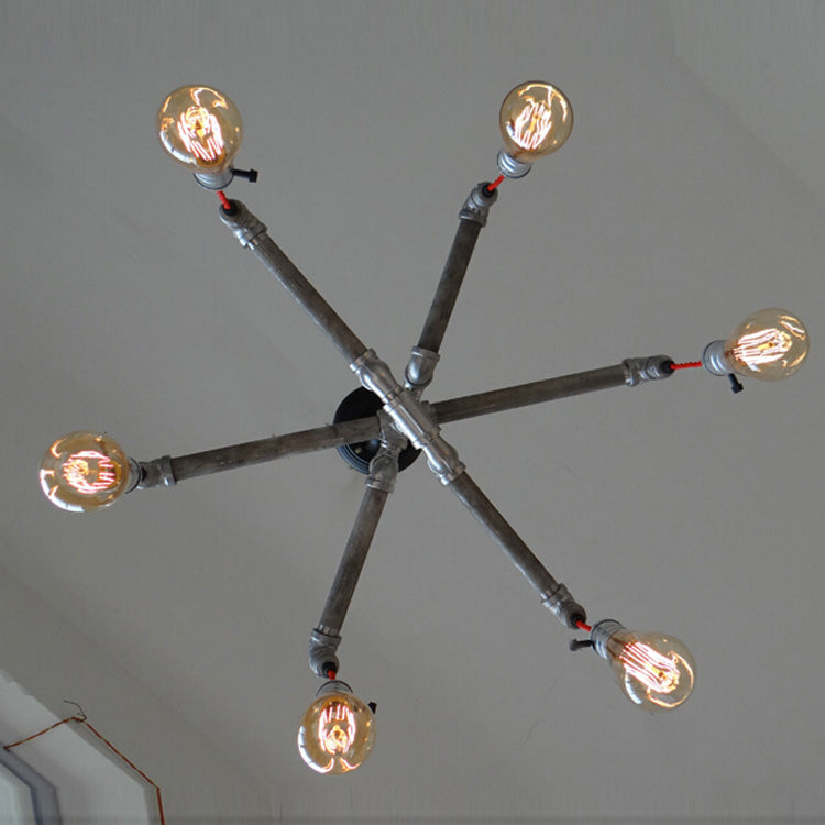Rustic Aged Silver/Bronze Pipe Chandelier Lamp With Exposed Bulb - 6/8 Heads Indoor Hanging Light
