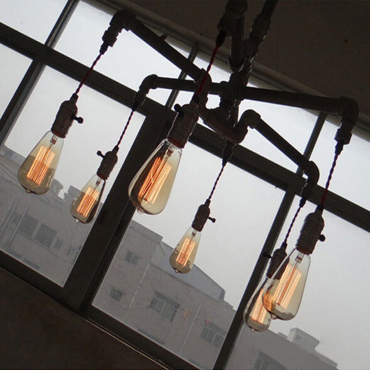 Rustic Aged Silver/Bronze Pipe Chandelier Lamp With Exposed Bulb - 6/8 Heads Indoor Hanging Light