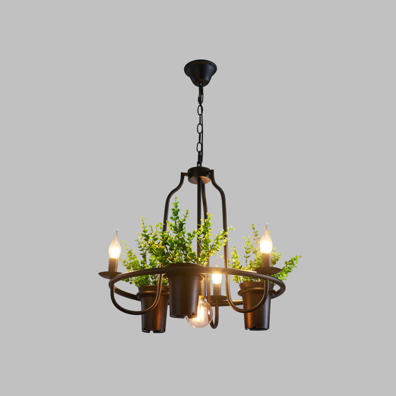 Vintage Iron 7-Light Candelabra Chandelier Pendant With Faux Potted Plant For Restaurants