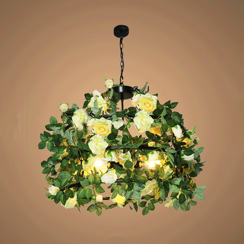 Geometric Vintage Chandelier With Artificial Plants - Metal Ceiling Light Fixture Yellow / Small