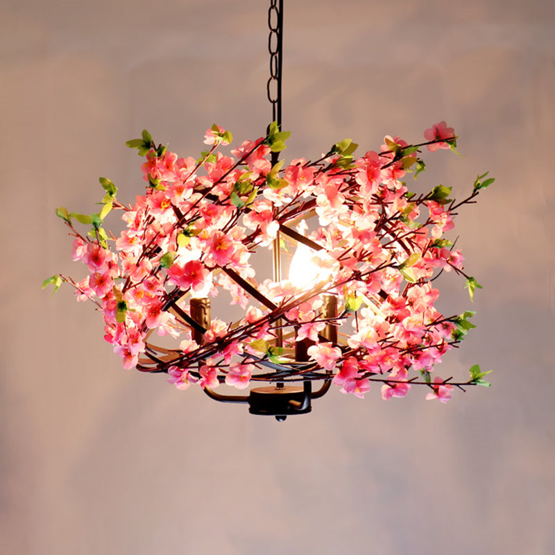 Pink Flower Retro Cage Chandelier With 4 Metallic Bulbs For Restaurant Suspension Lighting