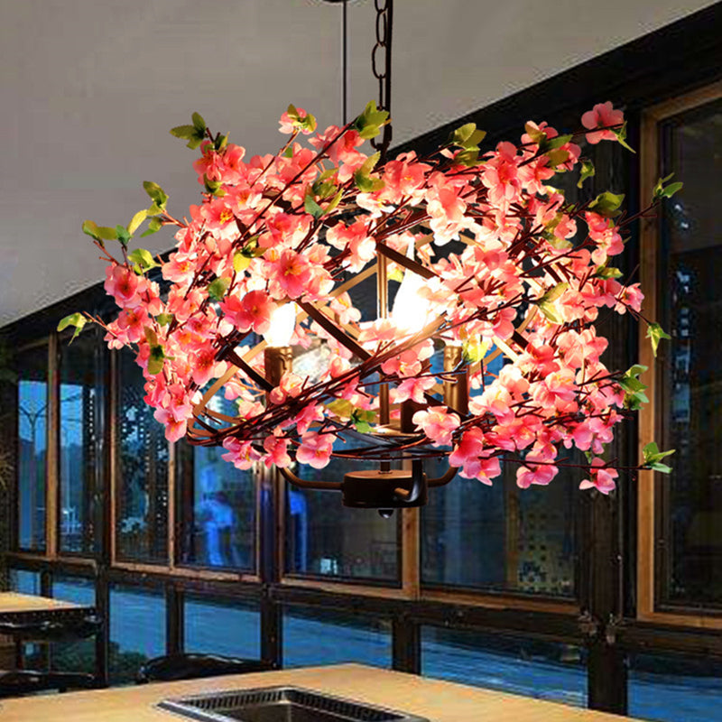 Pink Flower Retro Cage Chandelier With 4 Metallic Bulbs For Restaurant Suspension Lighting