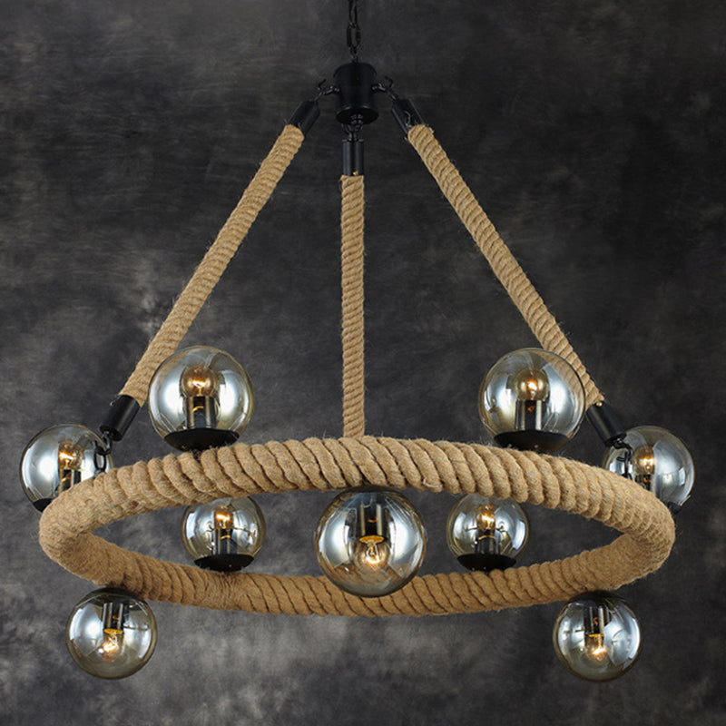 Industrial Black Metal 9-Bulb Ring Chandelier With Gray Glass Globe Shade