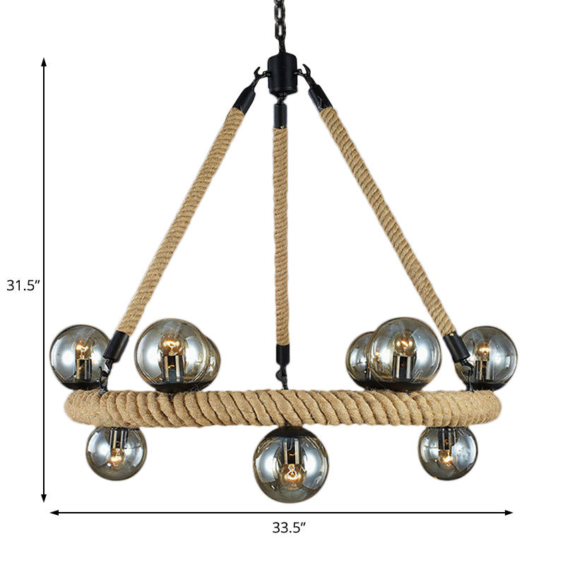 Industrial Black Metal 9-Bulb Ring Chandelier With Gray Glass Globe Shade