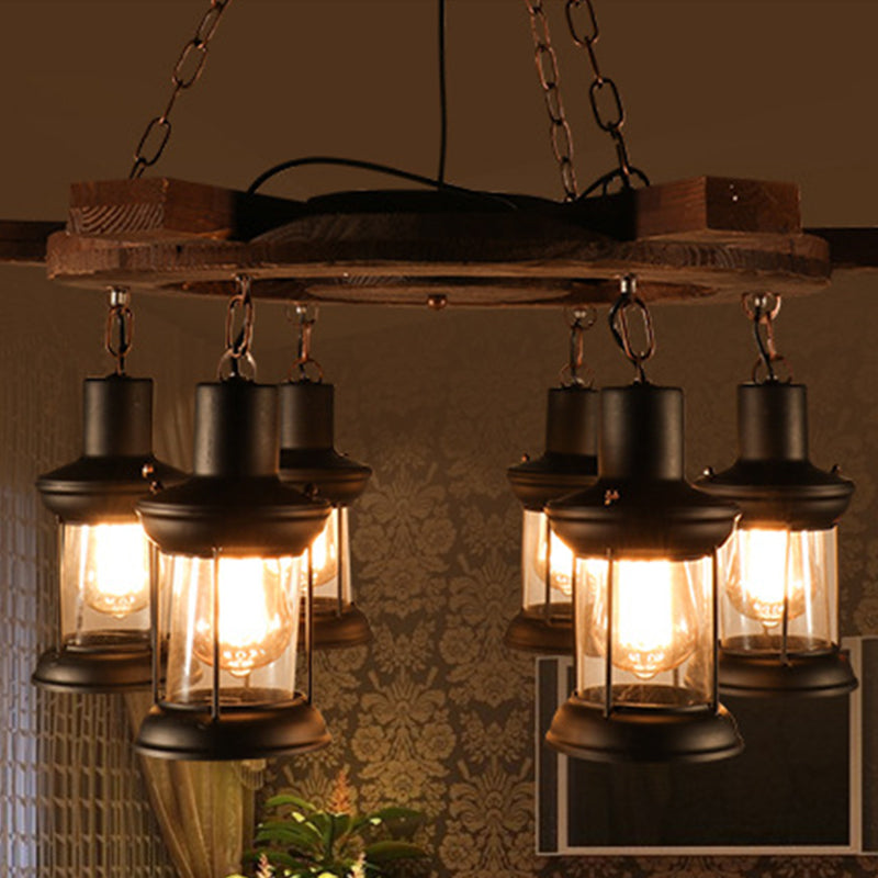 Industrial Clear Glass Lantern Shade Chandelier Pendant Light With 3/6 Bulbs For Dining Room