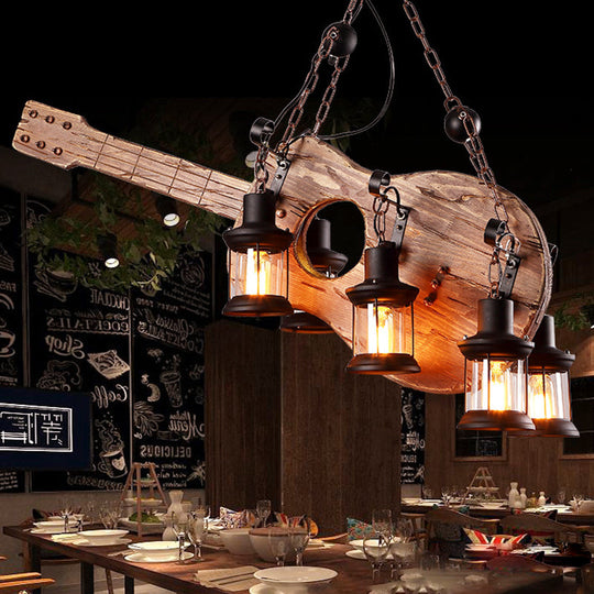Coastal Brown Lantern Chandelier With Clear Glass And Wooden Accents - 6-Light Pendant Fixture For