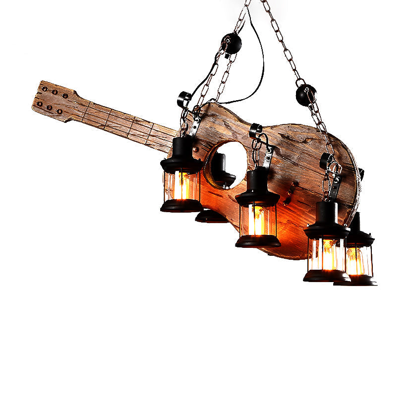 Coastal Brown Lantern Chandelier With Clear Glass And Wooden Accents - 6-Light Pendant Fixture For