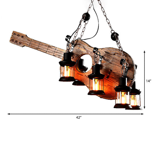 Coastal Brown Lantern Chandelier With Clear Glass And Wooden Accents - 6-Light Pendant Fixture For